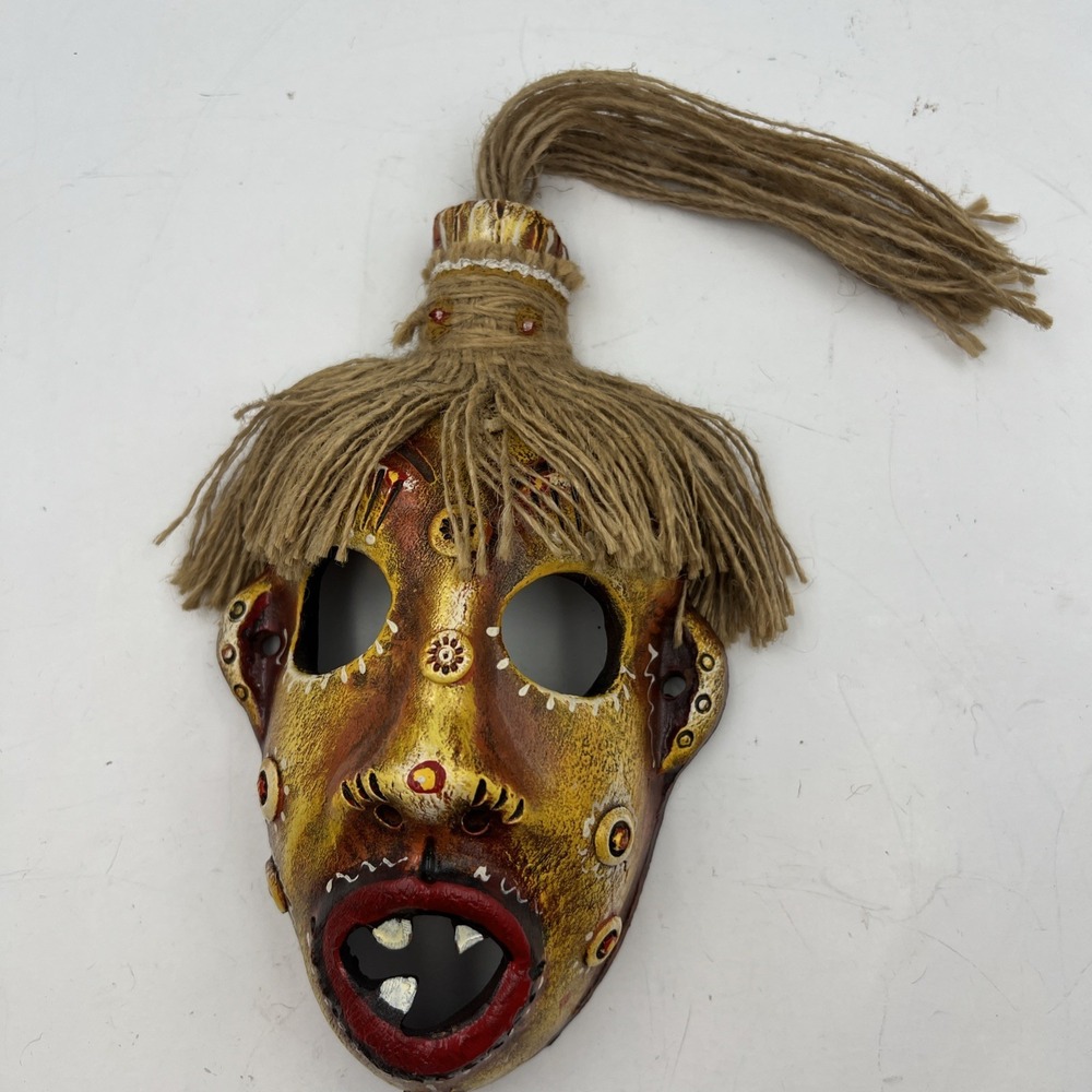 Handcrafted Tribal-Style Mask Wall Art – Painted Resin & Jute Hair Folk Art Deco